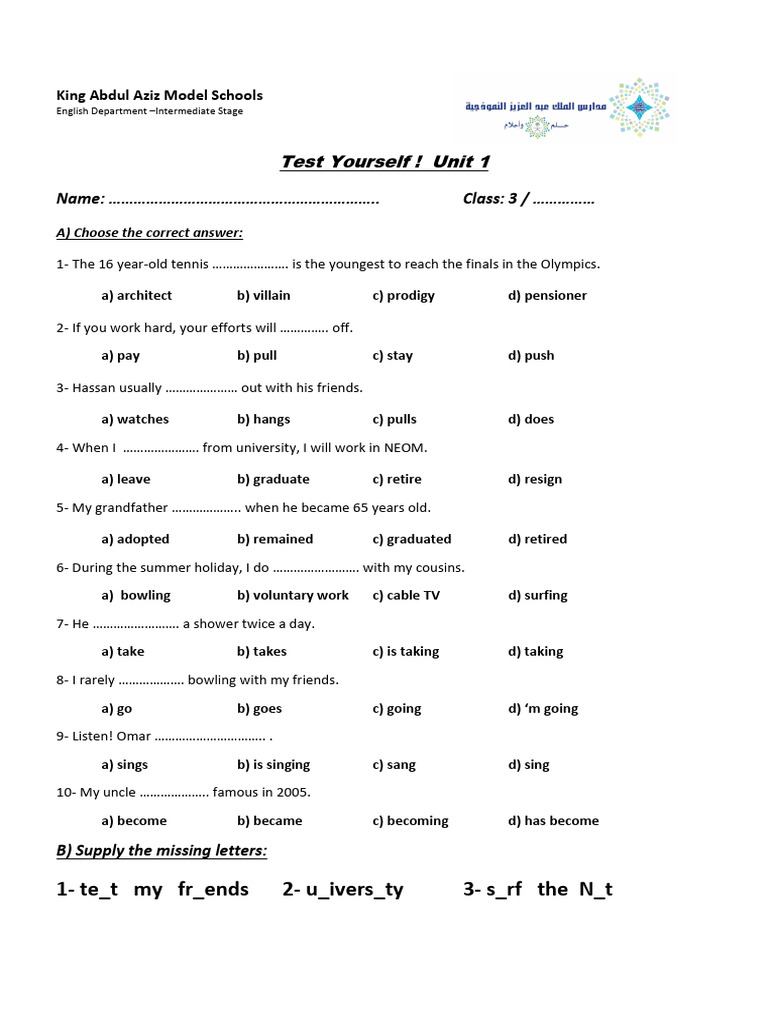 English Test Unit 1 for Intermediate Students | PDF