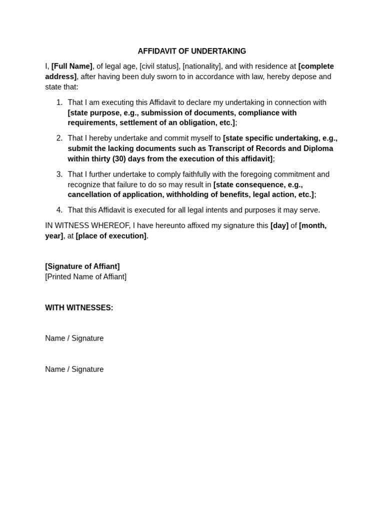 Sample Affidavit of Undertaking | PDF