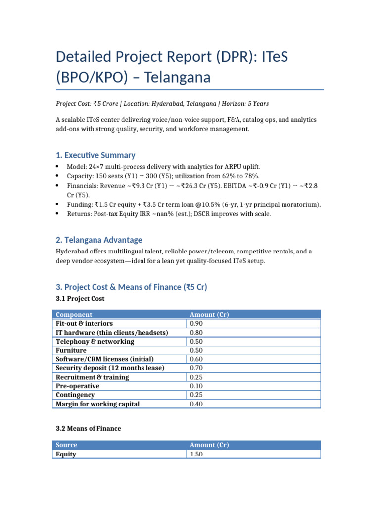 ITeS BPO Project Report for Telangana | PDF | Business | Business Economics