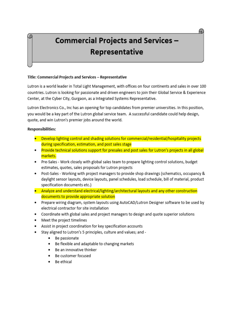 Commercial Projects and Services Representative: Lutron | PDF | Lighting