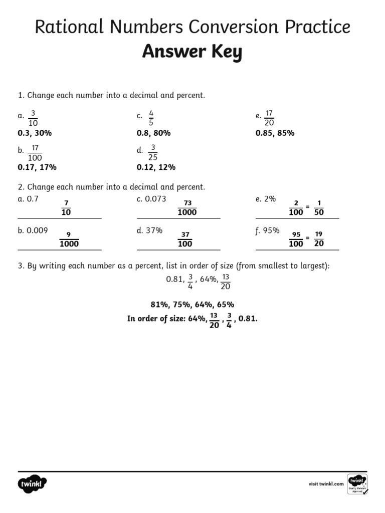 Rational Numbers Practice Answer Key | PDF
