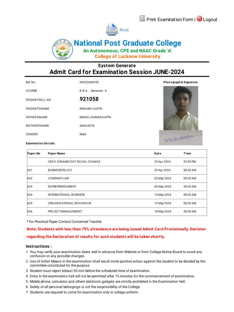 BBA Semester 6 Exam Admit Card 2024 | PDF | Chess Theory | Chess