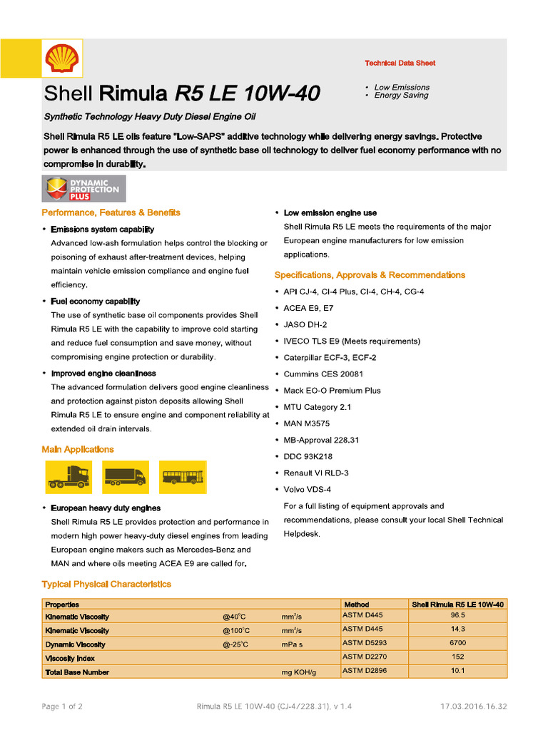 Shell Rimula R5 LE 10W-40 TDS | PDF