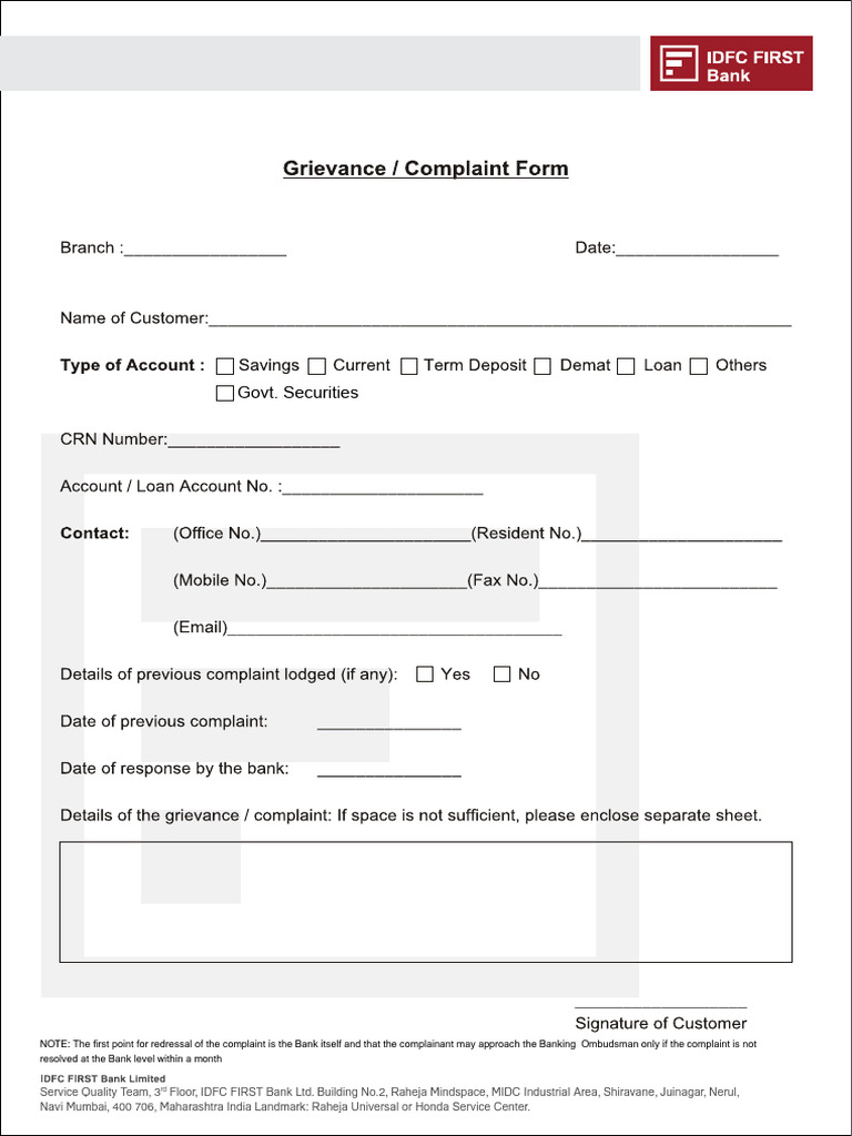 IDFC FIRST Bank Complaint Redressal Info | PDF