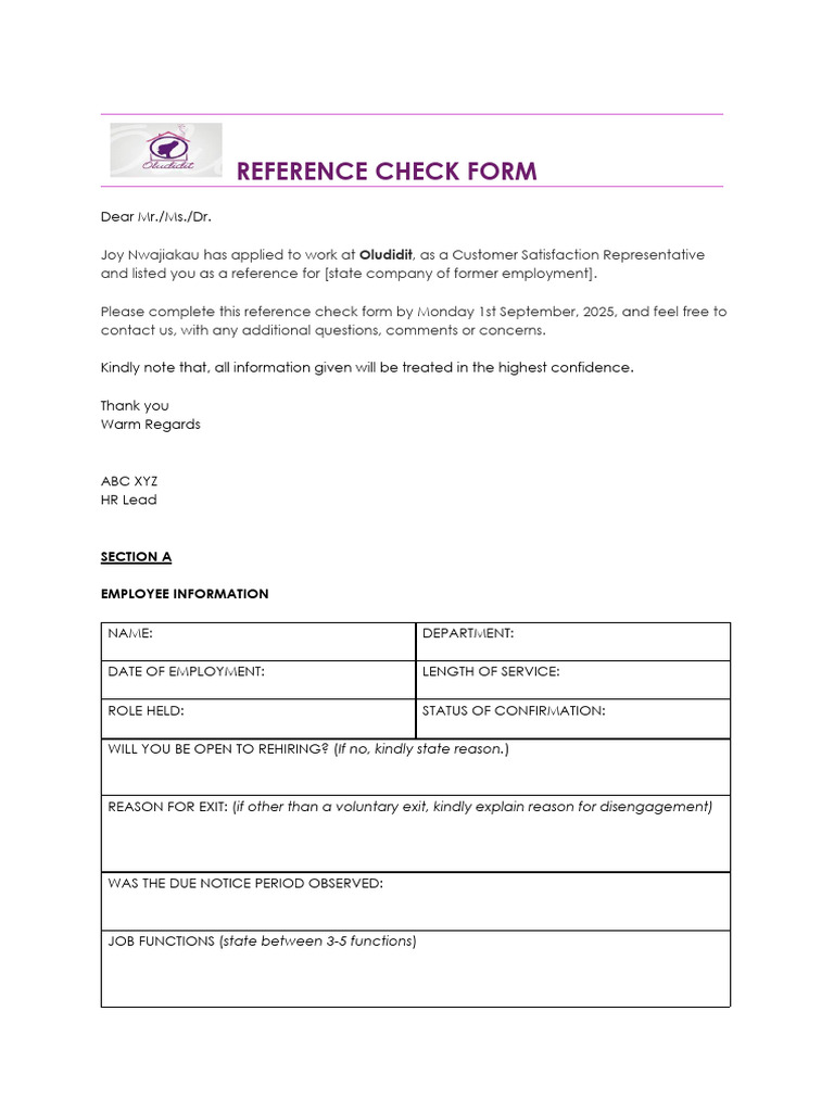 Reference Check Form - Joy Nwajiaku | PDF | Social Psychology | Business