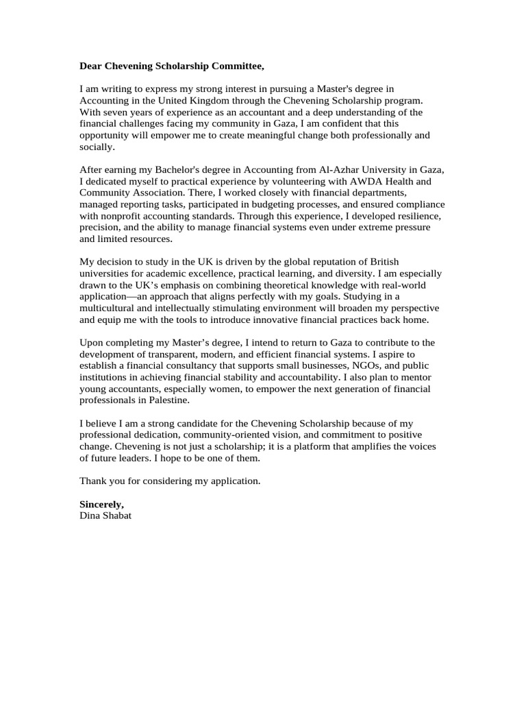 Chevening Scholarship Application: Dina Shabat | PDF