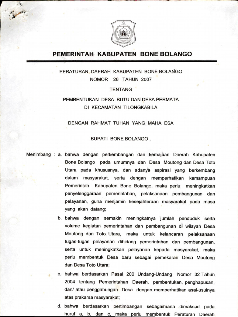 Tentang Pembentukan Desa Butu Dan Desa Permata Di Kec - Tilong Kabila | PDF