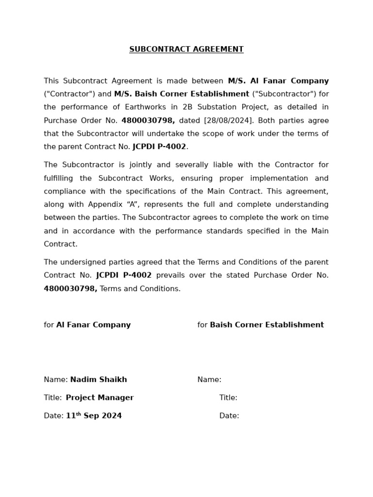 Subcontract Agreement for Earthworks Project | PDF