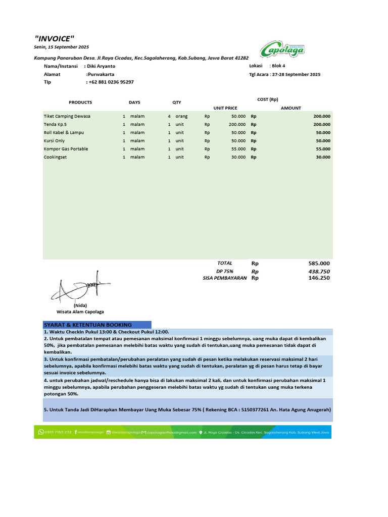 Invoice Camping Diki Aryanto 2025 | PDF