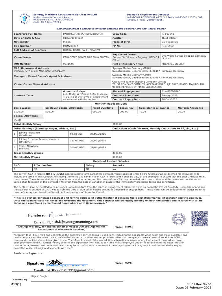 Seaman's Employment Contract - Signed | PDF | Sailor | Employment