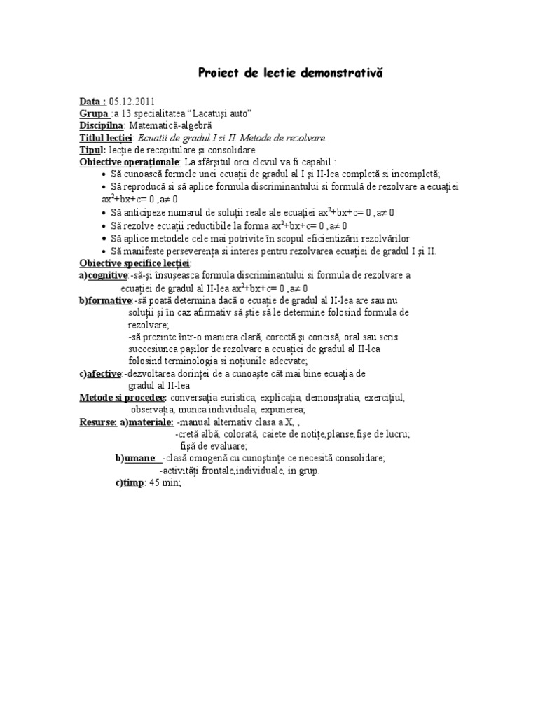 Proiect De Lectie Demonstrativa