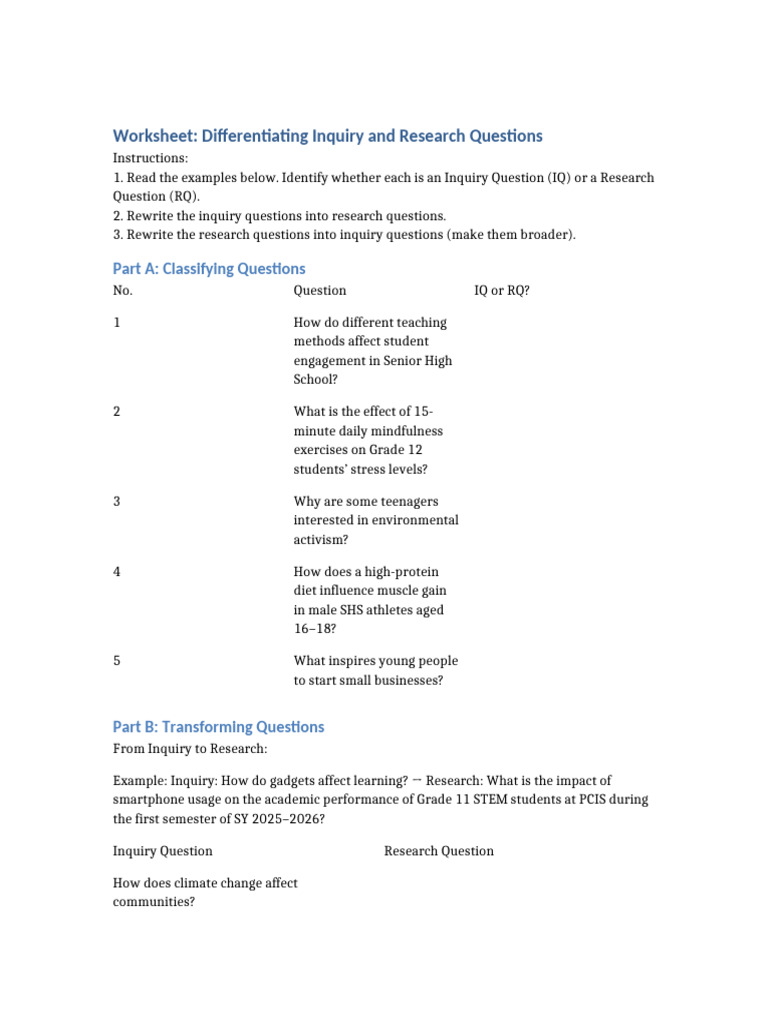 Inquiry Vs Research Questions Worksheet SHS | PDF