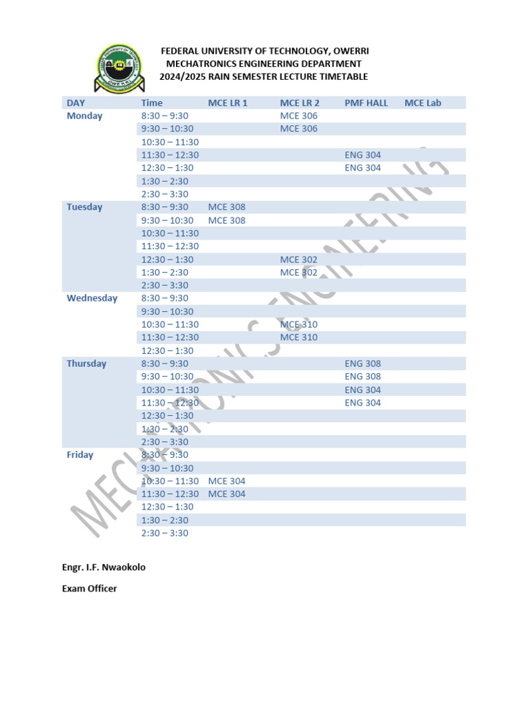 MCE 2024/2025 Lecture Timetable | PDF
