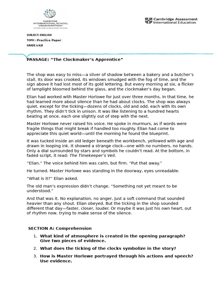 Grade 8 English Practice Paper: Clockmaker's Apprentice | PDF