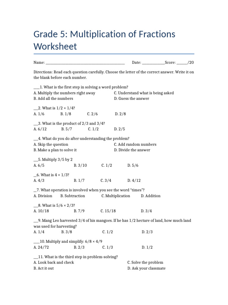 Grade 5 Fraction Multiplication Quiz | PDF | Multiplication | Arithmetic