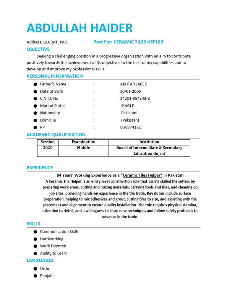 Abdullah Haider Ceramic Tiles Helper | PDF