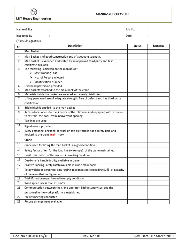 Man Basket Safety Inspection Checklist | PDF | Crane (Machine ...