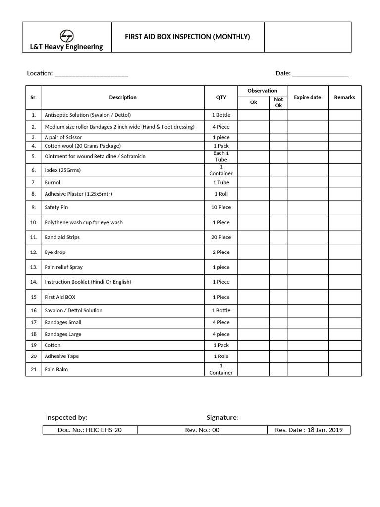 Monthly First Aid Box Inspection Checklist | PDF | Chess | Chess Openings