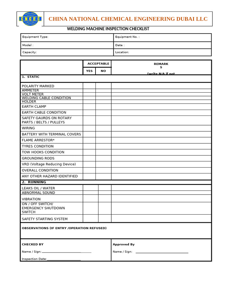 Welding Machine Inspection Checklist | PDF