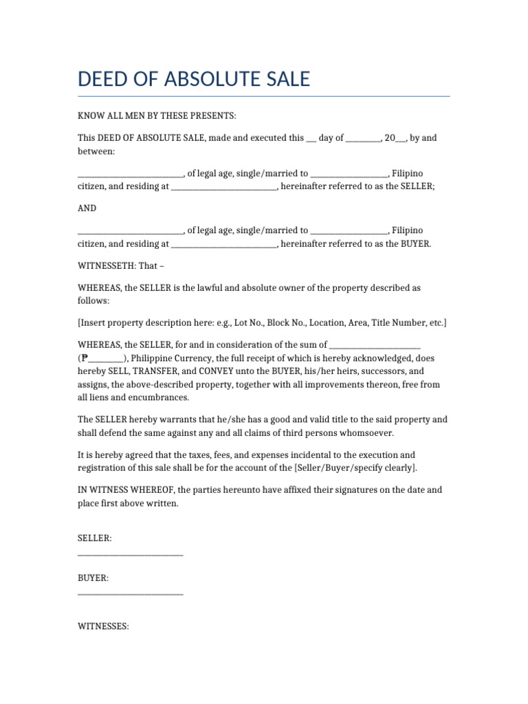 Deed of Absolute Sale Template | PDF | Deed | Property Law
