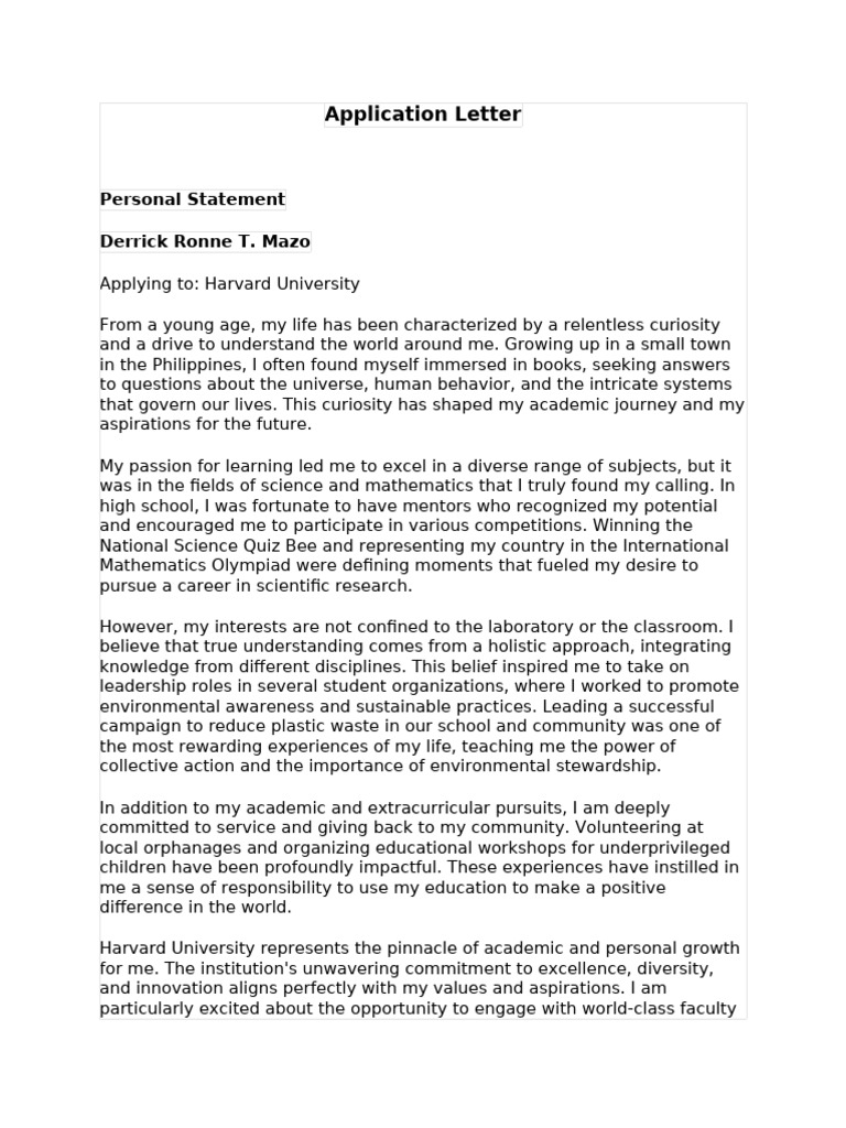 Harvard Application Personal Statement | PDF | Science | Curiosity