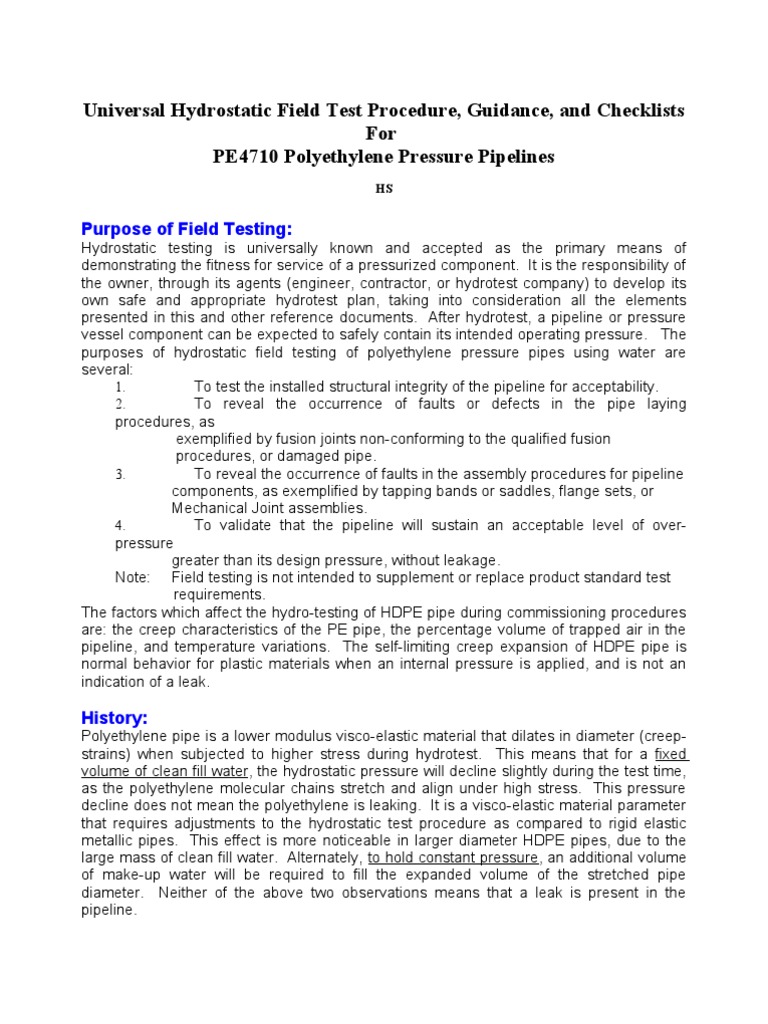 HDPE Hydrostatic Testing Guidelines | PDF | Pipe (Fluid Conveyance) | Gases
