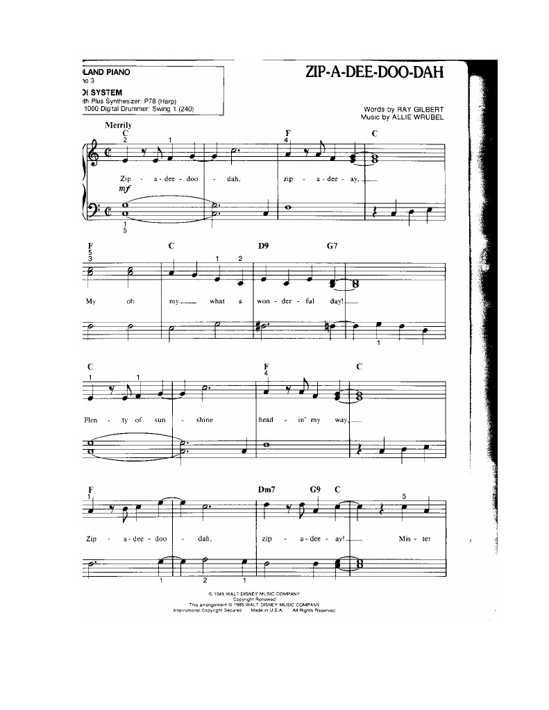 Zip A Dee Doo Dah Easy Sheet Music | PDF