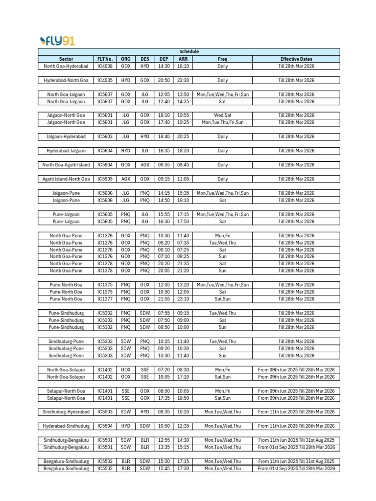 Flight Schedule: Goa, Pune, Hyderabad | PDF