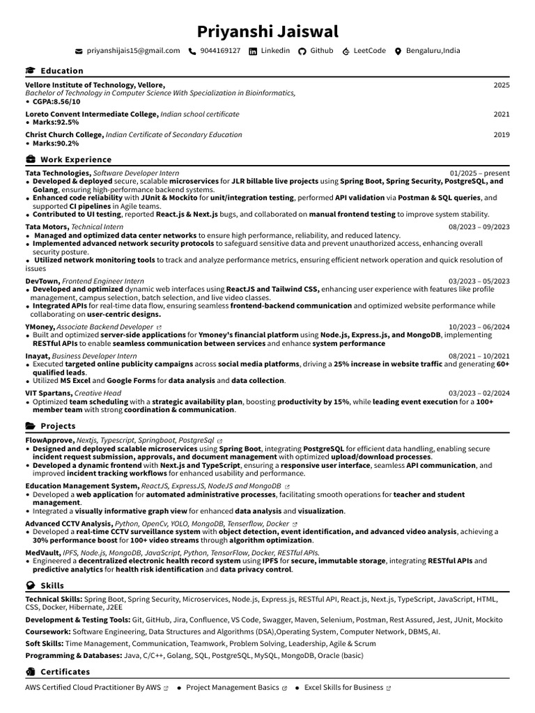 Priyanshi Jaiswal's Tech Resume | PDF | Software Engineering ...
