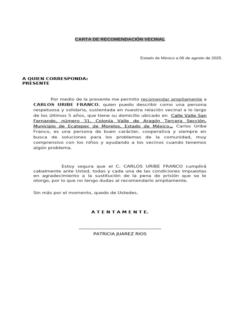 Carta de Recomendación Vecinal 2025 | PDF
