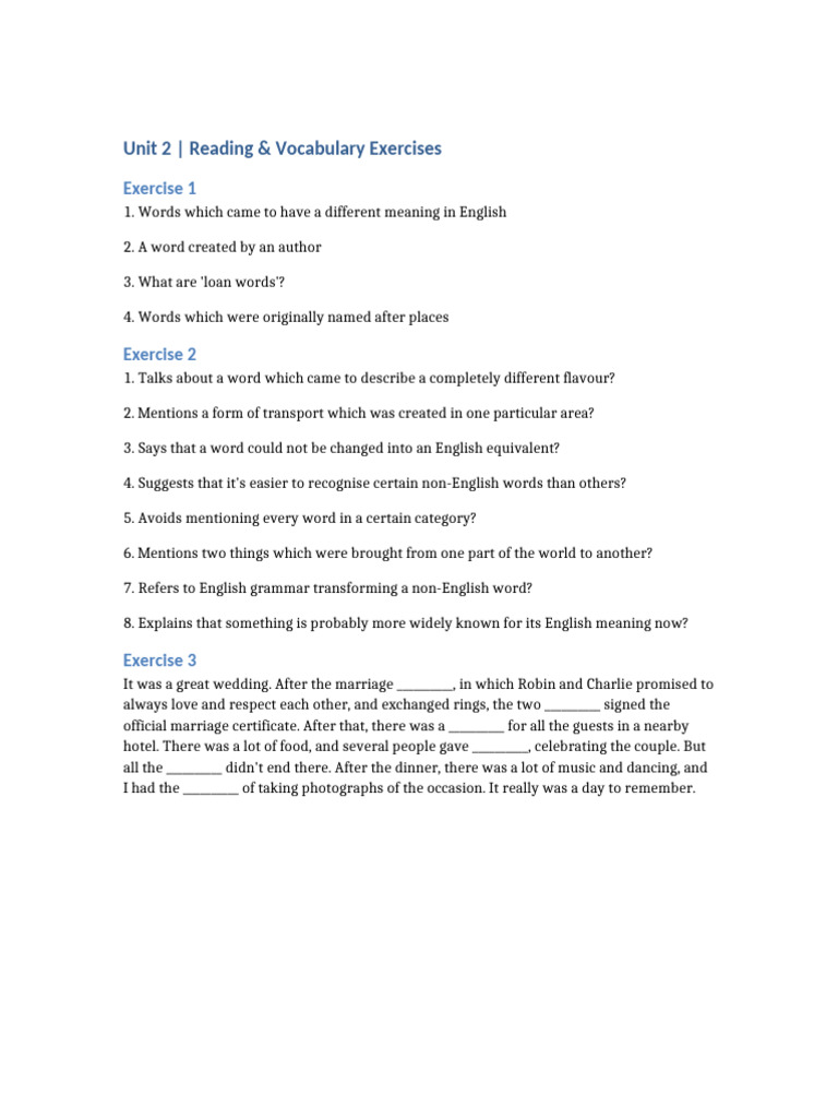 Vocabulary and Reading Exercises Guide | PDF