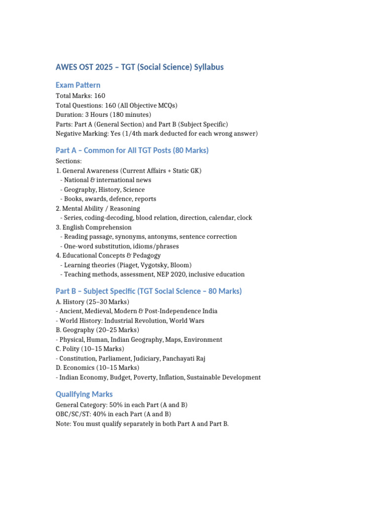 AWES TGT Social Science Syllabus | PDF