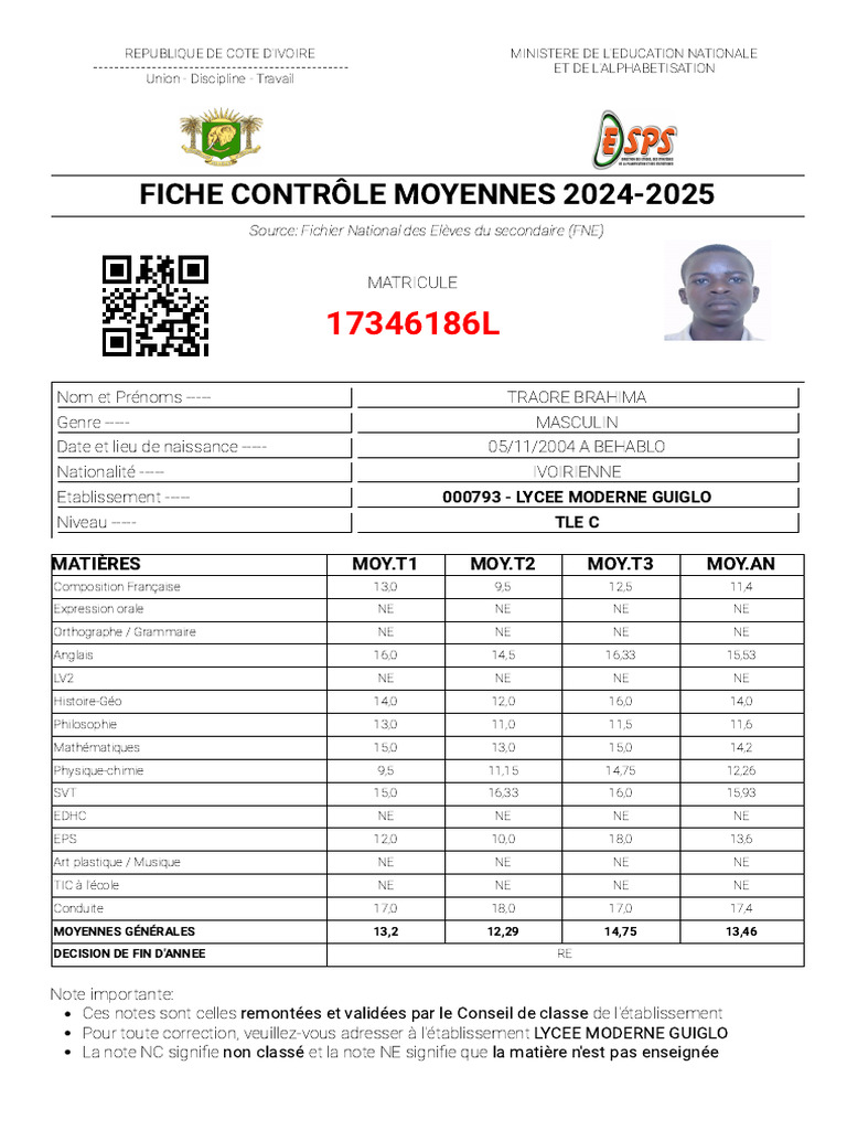 Fiche de Contrôle des Moyennes 2024-2025 | PDF