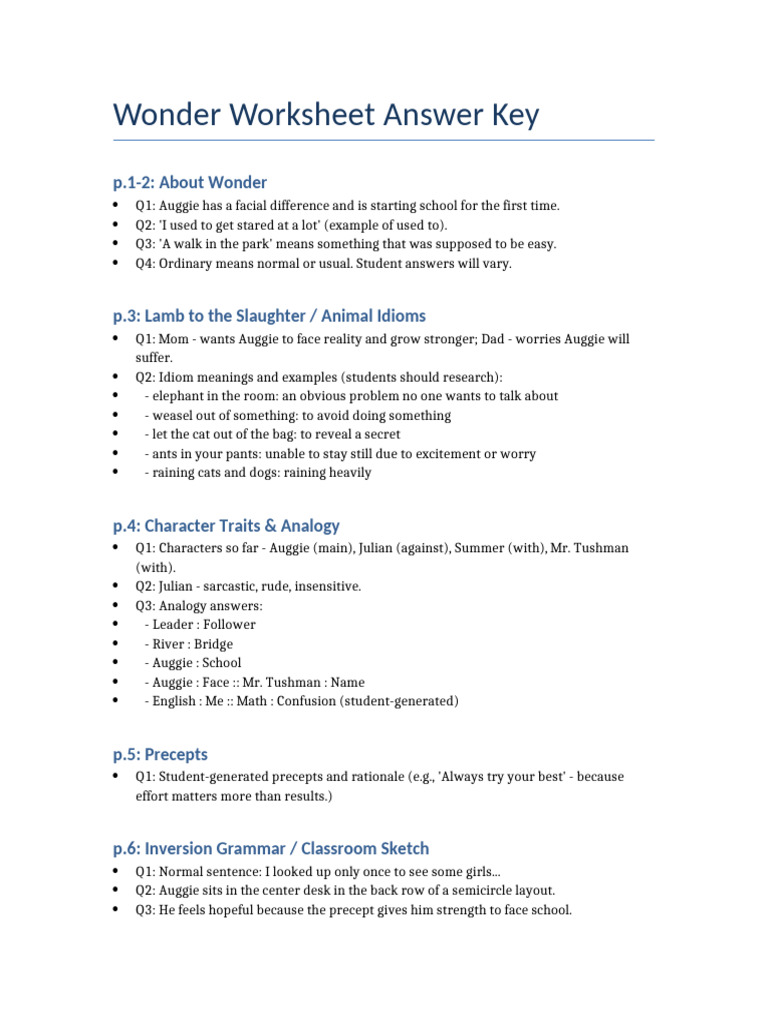 Wonder Worksheet Answer Key | PDF | Jedi | Star Wars Organizations