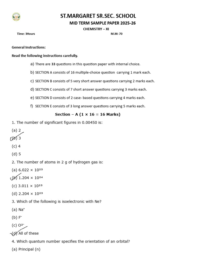Chemistry Mid Term Sample Paper XI | PDF | Chemical Bond | Molecules
