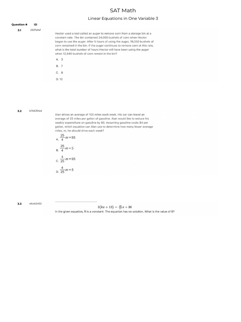SAT Math: Linear Equations Questions | PDF