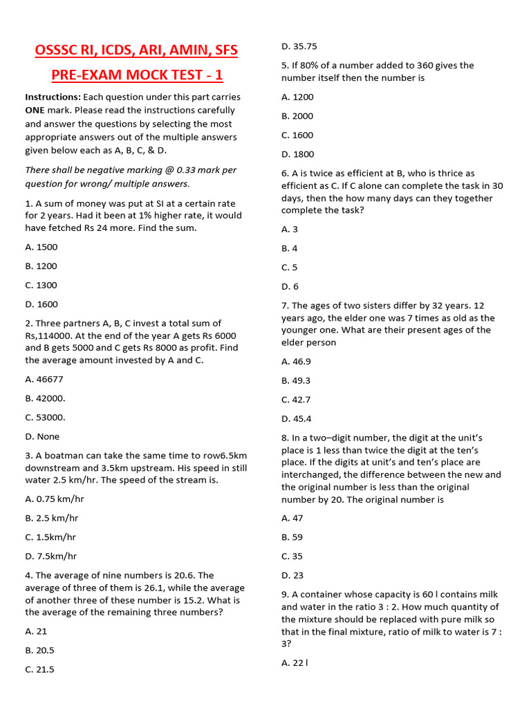 OSSSC Pre-Exam Mock Test 1 Questions | PDF | Part Of Speech