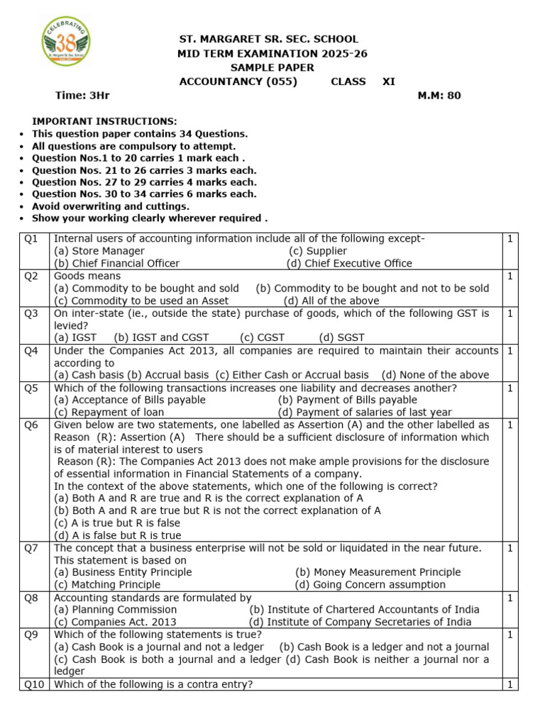 Class XI Accountancy Sample Paper 2025-26 | PDF | Debits And Credits ...
