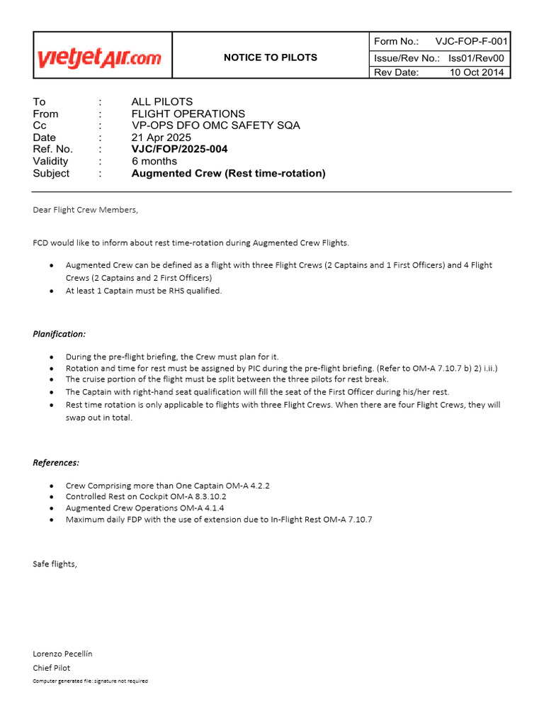 Augmented Crew Rest Time Guidelines | PDF