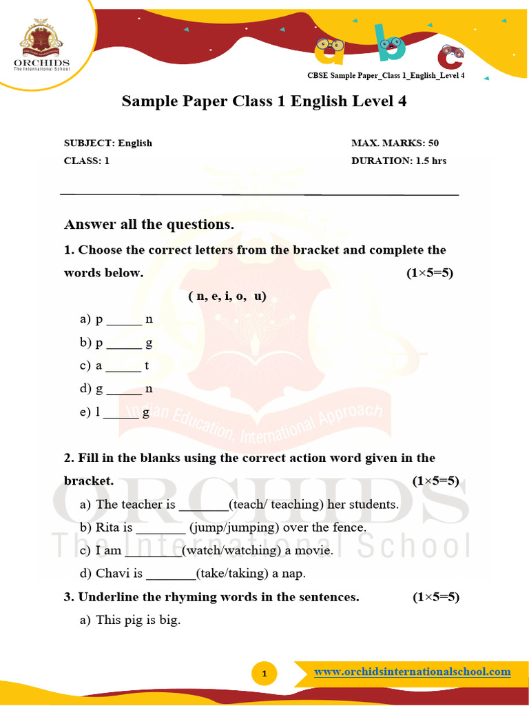 Class 1 English Sample Paper Level 4 | PDF | Linguistics