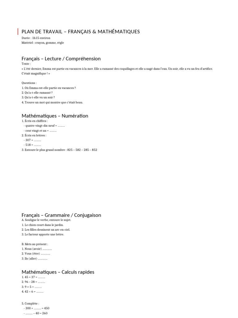 Plan de travail CE2 : Français & Maths | PDF