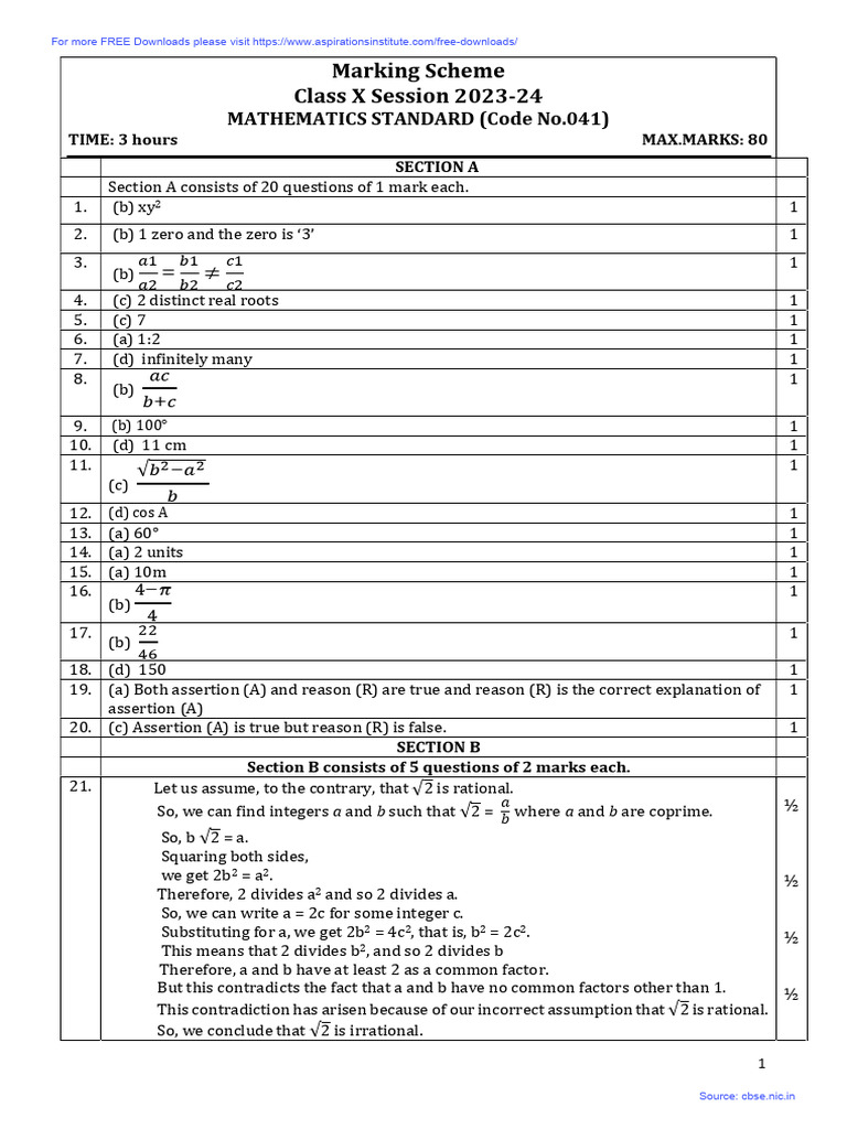 Class X Mathematics Marking Scheme 2023 | PDF | Angle | Circle