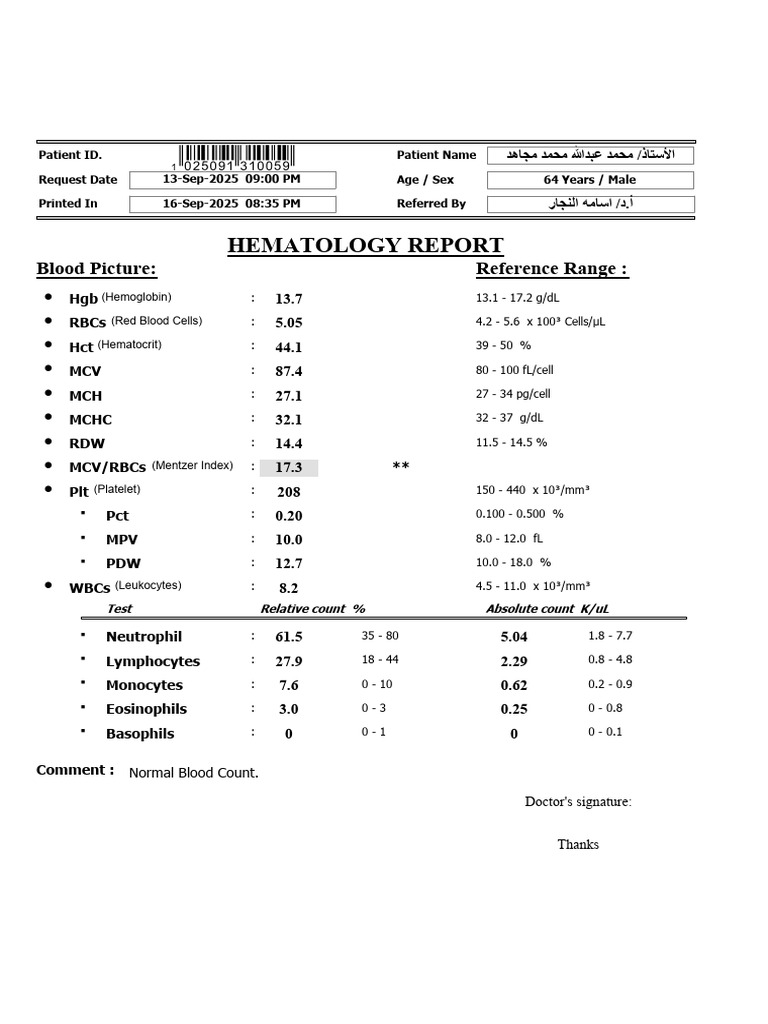 Hematology Report for Male Patient | PDF | White Blood Cell | Immunology