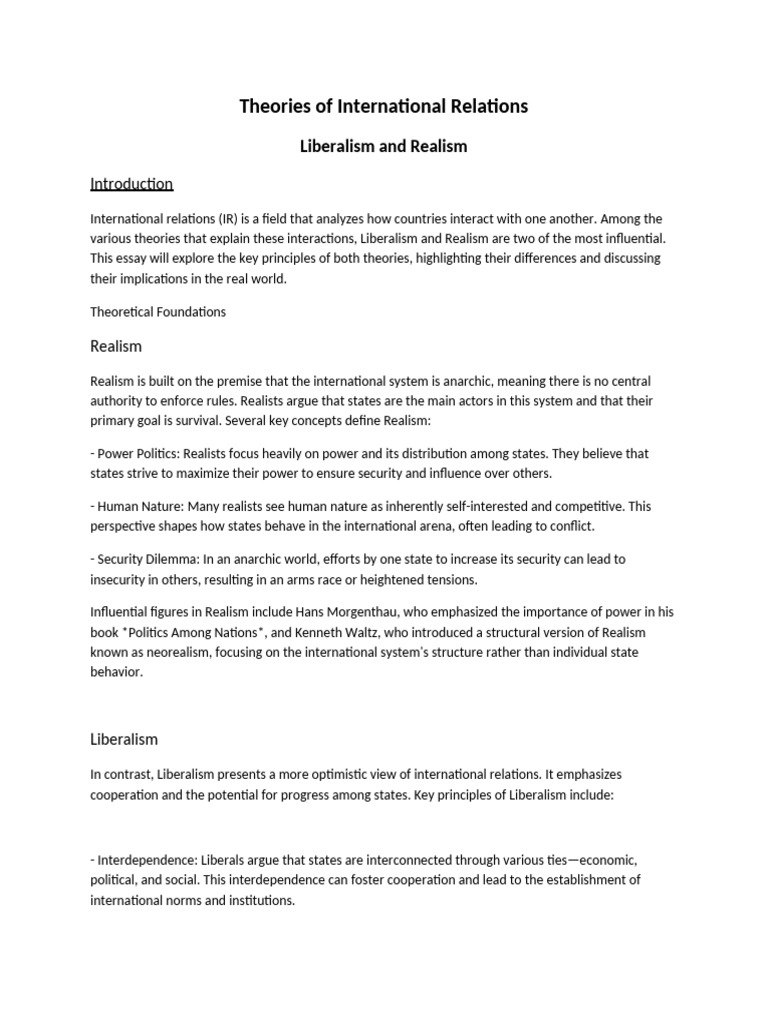 Liberalism vs. Realism in IR Theory | PDF | International Relations ...