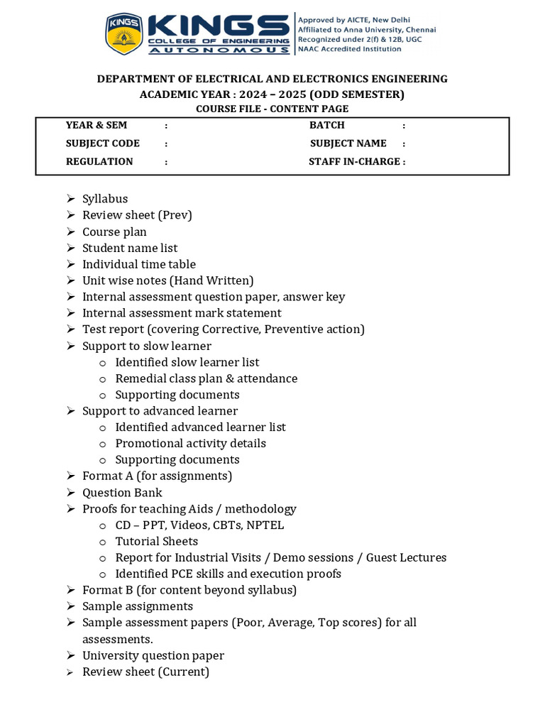 Electrical Engineering Course File 2024 | PDF