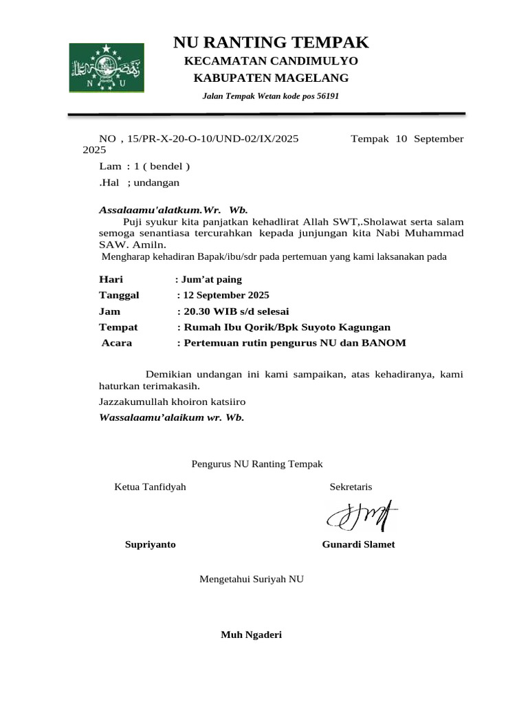 Undangan Pertemuan NU dan Takmir 2025 | PDF
