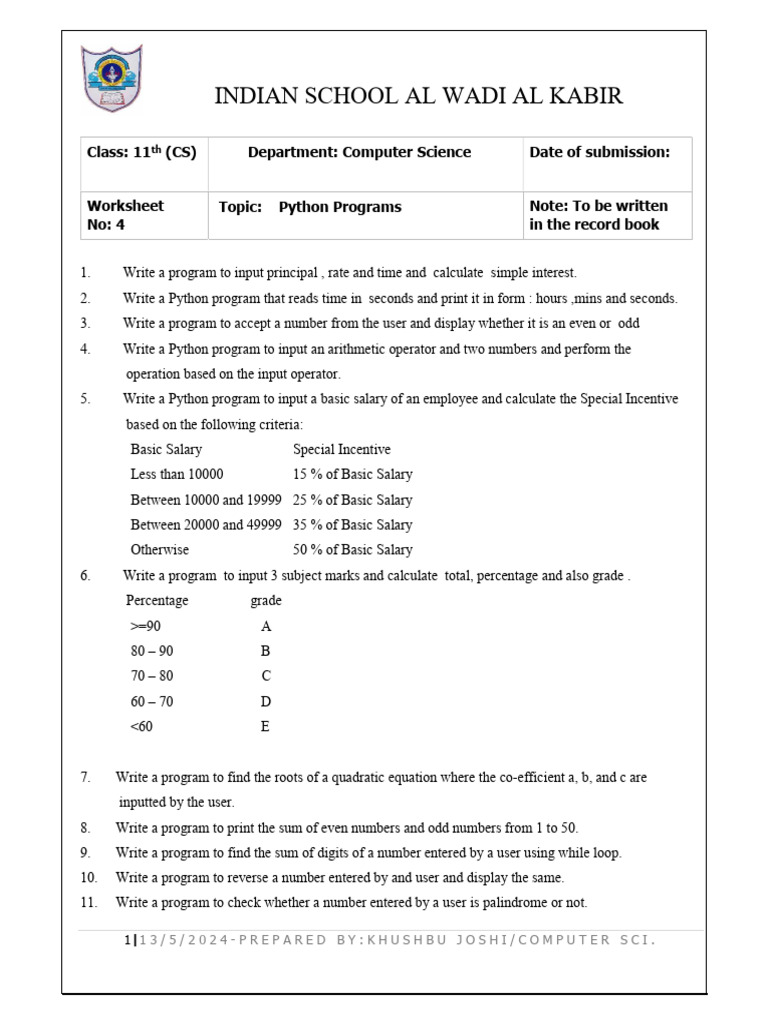Python Programs for Class 11 CS | PDF