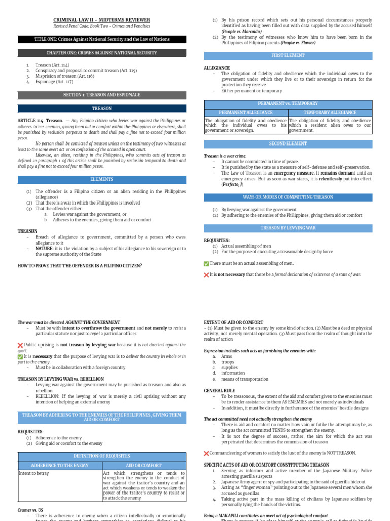 Criminal Law II: Treason Overview | PDF | Treason | Confession (Law)