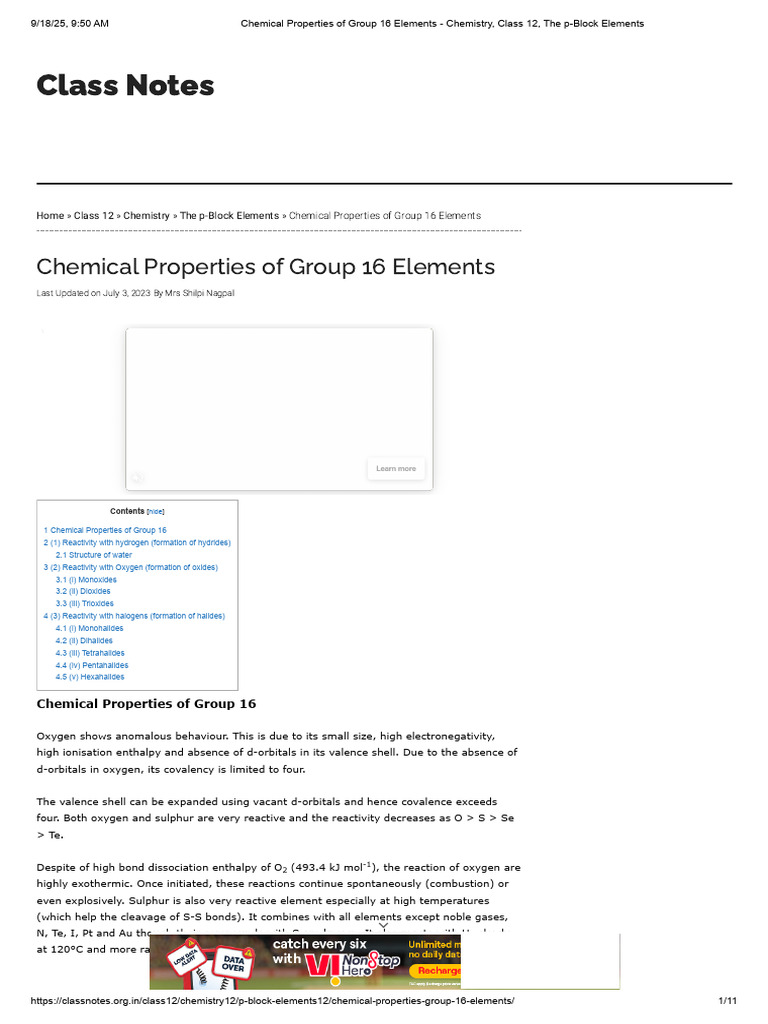 Group 16 Elements: Chemical Properties | PDF | Chemical Bond | Hydride
