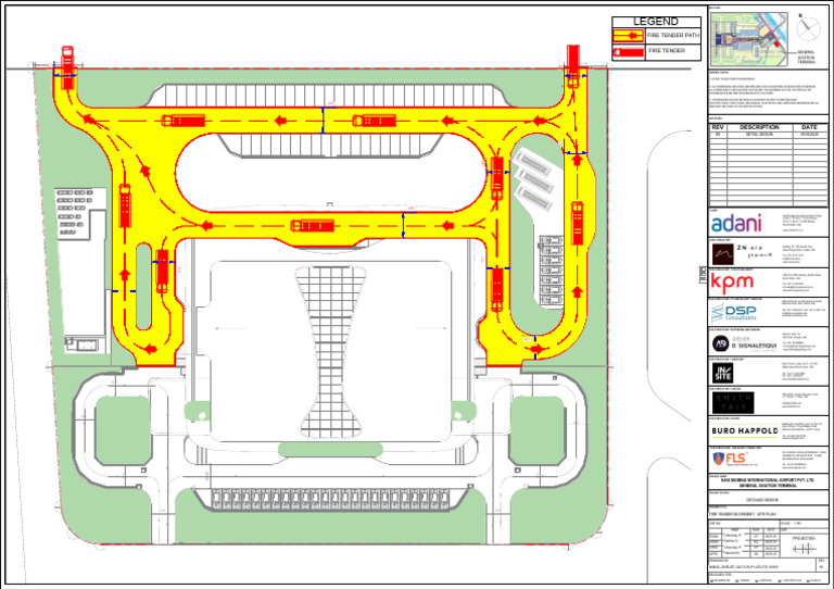 Fire tender access site plan showing emergency vehicle circulation around a building
